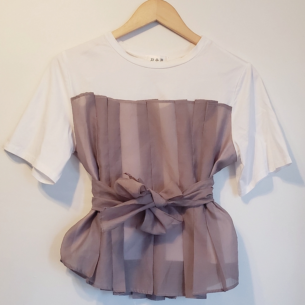 Chiffon Gray Overlay Patchwork 2 in 1 Fake Corset White T Shirt With Belt Small